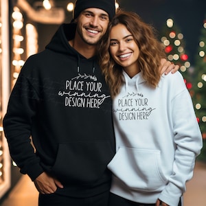 black & white Gildan 18500 hoodie Christmas mockup couple man woman blank 18500 mock up hoodies mockup model mockup xmas mock-up AI download