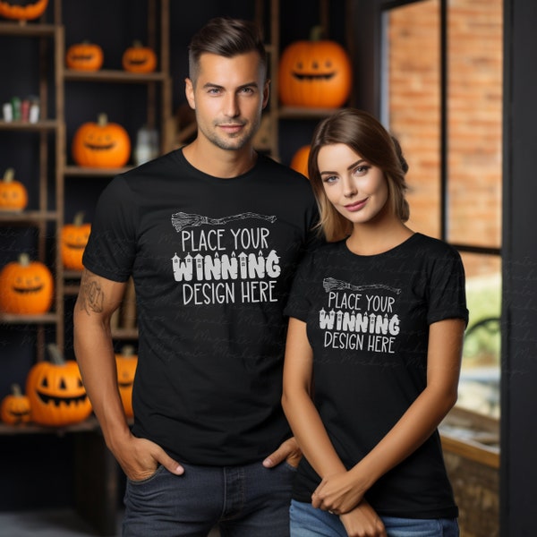 2 black shirt Halloween couple mockup blank two t-shirt mockups dark halloween spooky black tshirt mock up duo pair tee mock up jpg download