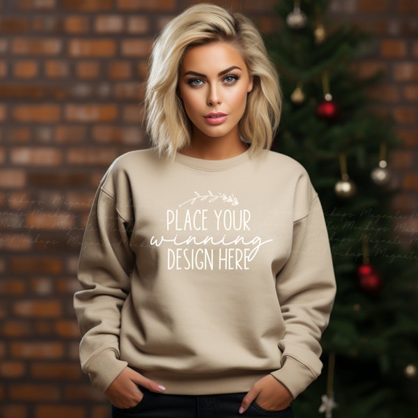 women's sand sweater mockup Christmas Gildan 18000 female blank ladies beige sweater mock ups Gildan G180 Xmas mock-up 18000 jpg download