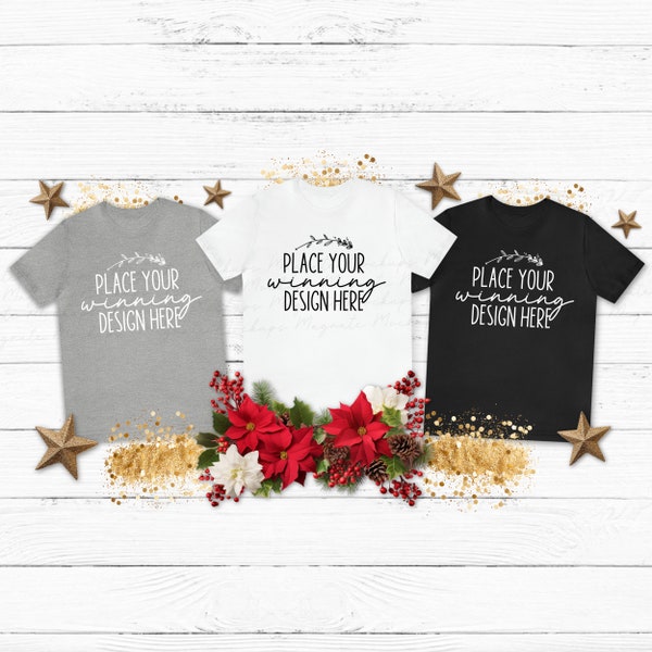 3 shirt Christmas mockup athletic heather grey white black Bella Canvas 3001 group Christmas flat lay mock-up multiple mock up JPG Download