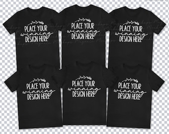 six 6 black shirt mockup transparent background group t-shirts mock up multiple black shirts mockup Bella Canvas 3001 t-shirt JPG Download