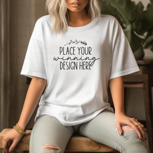 white Gildan 64000 t-shirt mock-up female model oversized tee tshirt mockups blank tee G6400 pretty white trendy ladies mock up AI download