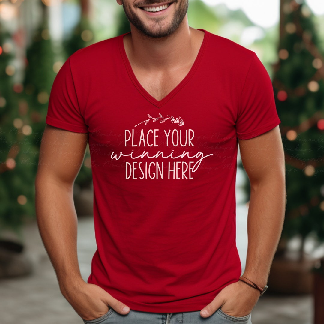 Men's Red Vneck Christmas Tshirt Mockup 3005 Male Model V Neck Tshirt