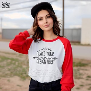 red & white raglan style shirt mockup female baseball mockups shirt women white red raglan tee mock up ladies long sleeve JPG AI Download