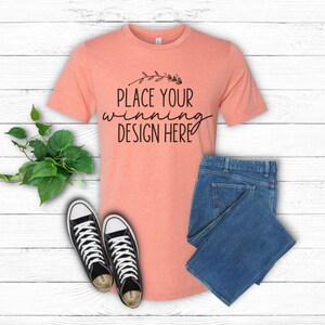 heather prism sunset bella canvas 3001 shirt mockup mock up heather t-shirt mock up mockups blank tshirt orange flat lay mock AI download