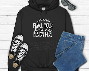 Black Gildan 18500 Hoodie Mockup: Flat Lay AI Download