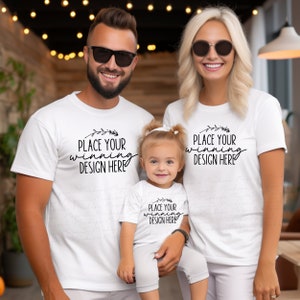 mom dad toddler white shirt mockup Bella Canvas 3001 family of 3 mock up toddler kid mock ups flat lay white t-shirt families AI download