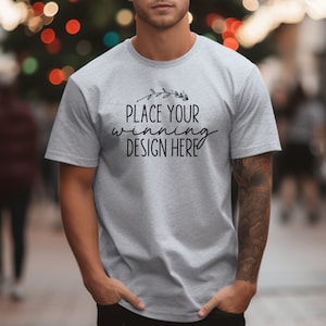 Sport Grey Gildan 5000 T-Shirt Mockup: Male Model Christmas Theme (AI jpg Download)