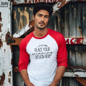 red & white bella canvas 3200 raglan shirt mockup male baseball mockups shirt men&#39;s white red raglan tee mock up man red 3200 JPG Download