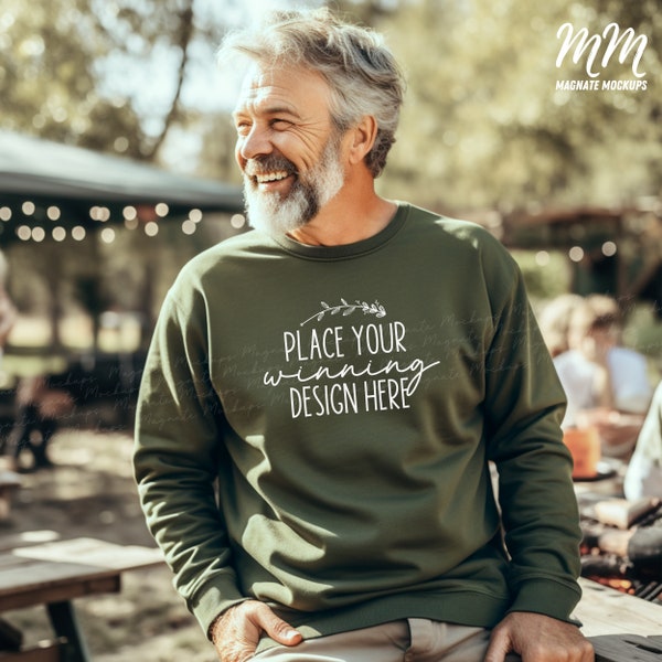 Grandpa Gildan 18000 military green sweater mock-up older male Sweater senior men's Mockup Gildan sweatshirt grandad Mock Blank JPG Download