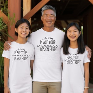 asian father two daughters white shirt mock-up Gildan 5000 5000b dad 2 daughter shirt mockup fathers day blank shirt model mock jpg download