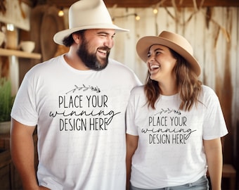 White Gildan 5000 T-Shirt Mockup: Size-Inclusive Couple (AI JPEG Download)