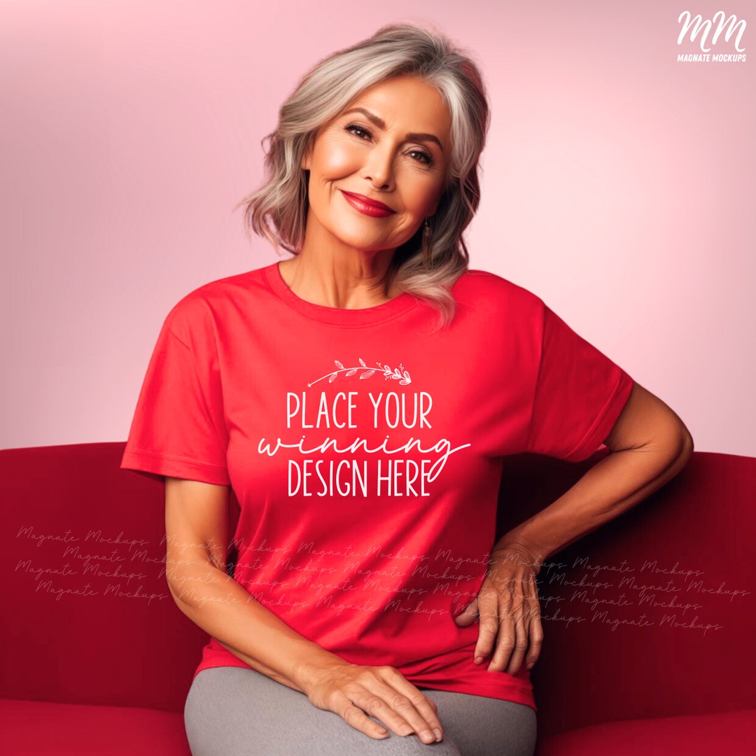 Red 3001 Shirt Mockup Mature Age Bella Canvas 3001 Red Female T-shirt ...