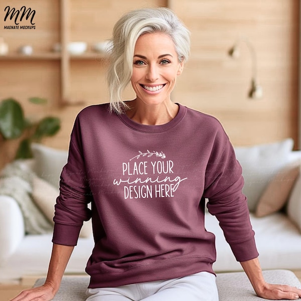 Older Women's Heather sport dark maroon sweatshirt mockup Gildan 18000 senior Mock-up Gildan Grandma lady Jumper Sweater Mockup JPG Download