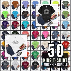 kids shirt mockup bundle Gildan 5000b 50 colors youth shirt bundle mock up unisex tshirt mock ups kids blank flat lay mockups AI download