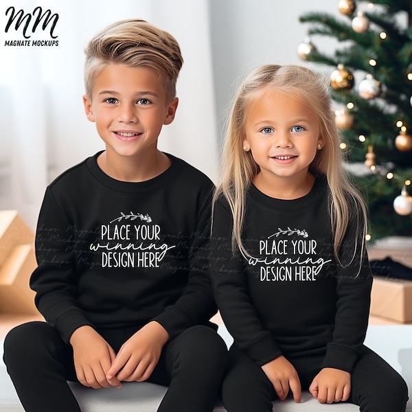 girl boy Black Gildan 18000B Christmas Sweatshirt Mock-up 2 brother sister Kid Child Black Gildan 18000 Sweater Kids Mock Up Jpg Download