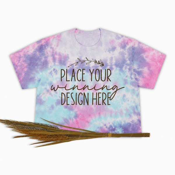 cotton candy mockup colortone 1050 crop tee crop women's blue tie dye cotton candy flat lay color tone 1050 printify mock up jpg download