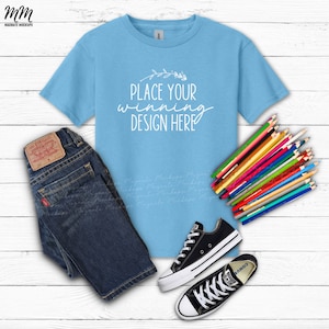 sky Gildan 5000b kids shirt mockup sky blue flat lay gildan kids t-shirt mockups G500B sky mock up tshirt children&#39;s mock-up AI download