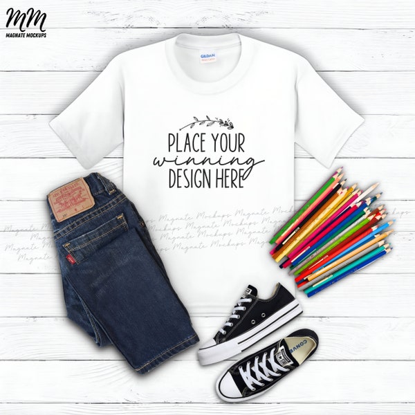 Gildan 5000b white shirt mockup flat lay gildan kids t-shirt mockups G500B white youth tshirt mock up childrens flatlay mock-up jpg download