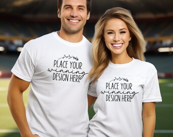 White Gildan 5000 T-Shirt Couple Mockup: Football Season Male and Female Model (AI jpg Download)