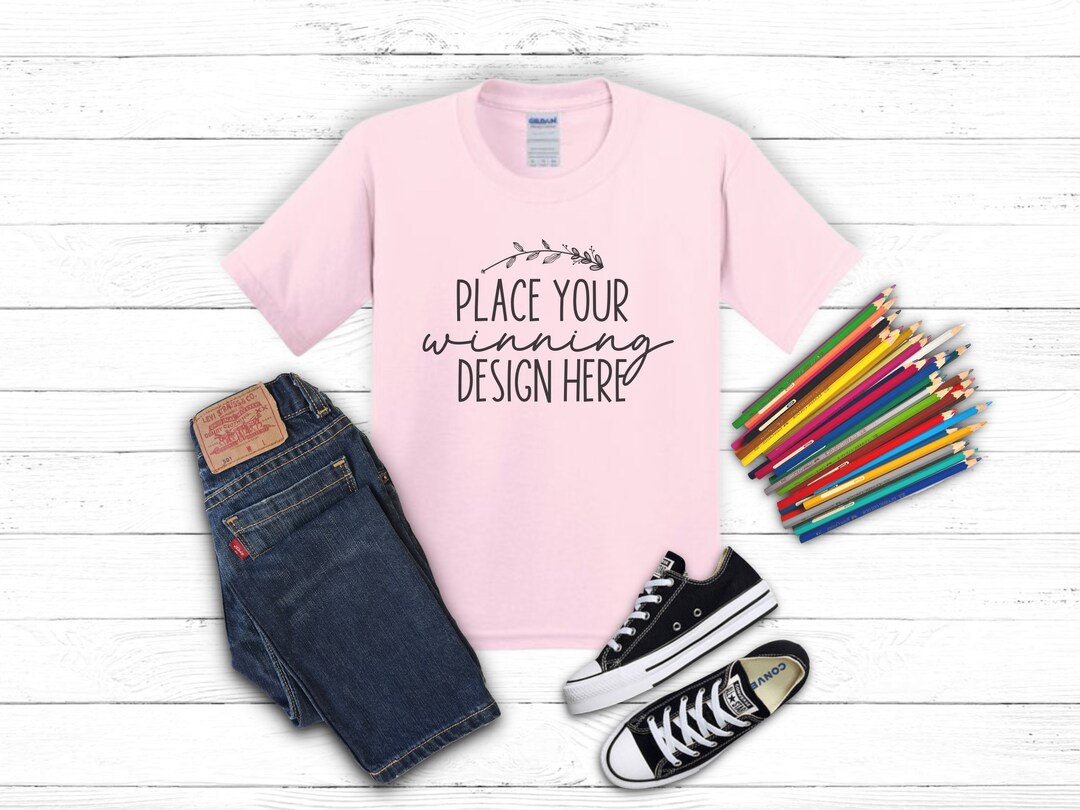 Light Pink Kids Shirt Mockup Gildan 5000b Flat Lay Gildan Kids Tshirt
