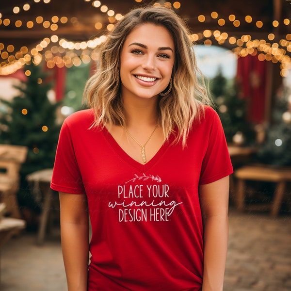 Red V Neck Christmas Shirt Female Model Mockup Blank Bella Canvas 3005 Womens t-shirt Mock Up Mockup red 3005 V-Neck Xmas shirt jpg download