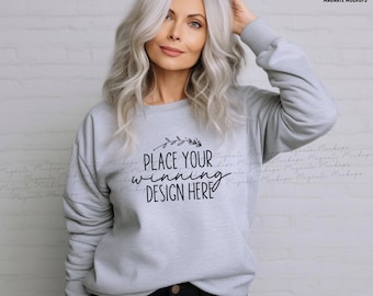 Older Woman Sport Grey Sweatshirt Mockup Gildan 18000 Senior Ladies nan Gildan jumper Grandma Womens Granny 18000 sweater Blank JPG Download