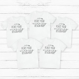 May include: Four white t-shirts with the text "PLACE YOUR winning DESIGN HERE" printed on each shirt.