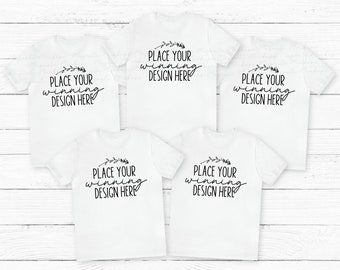 White Bella Canvas 3001 Shirt Mockup: 5 T-Shirts Group Flat Lay (JPG Download)