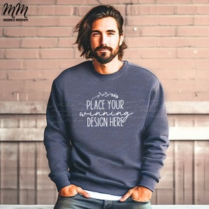 Dark Heather Gildan 18000 Sweatshirt Mockup Men&#39;s male dark heather jumper mock up handsome mens Gildan trendy man grey Sweater JPG Download