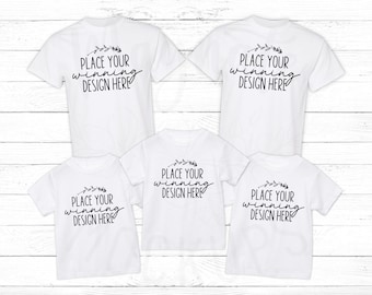 Maquette de t-shirt blanc pour famille de 5 personnes, toile Bella 3001 Maquettes blanches, maquettes de famille minimalistes à plat maman papa 3 enfants télécharger jpg