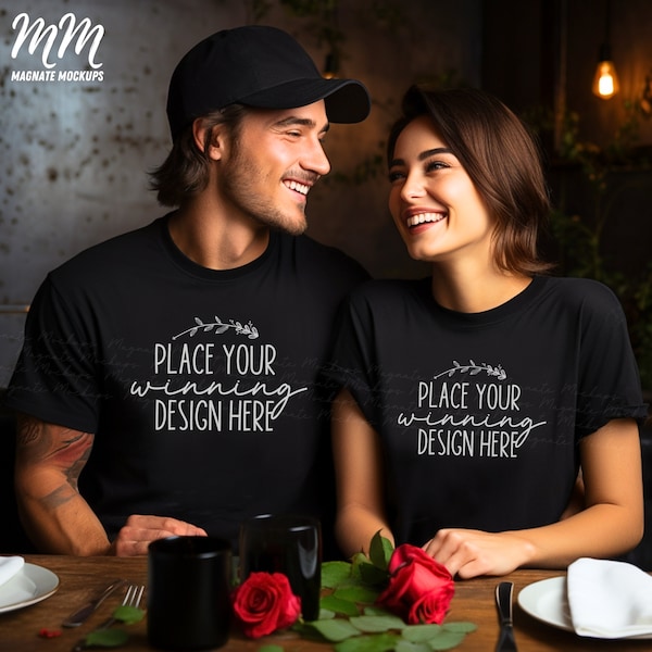 young couple 2 black shirt valentines mockup bella canvas 3001 love pair two t-shirt mockups celebration couples tshirt mock up jpg download