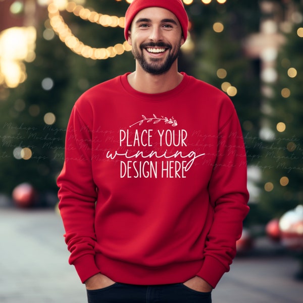 red sweater male Christmas mock-up Xmas Sweater beard model mens Mockup Red Xmas Gildan 18000 sweatshirt Mock Blank JPG Digital Download