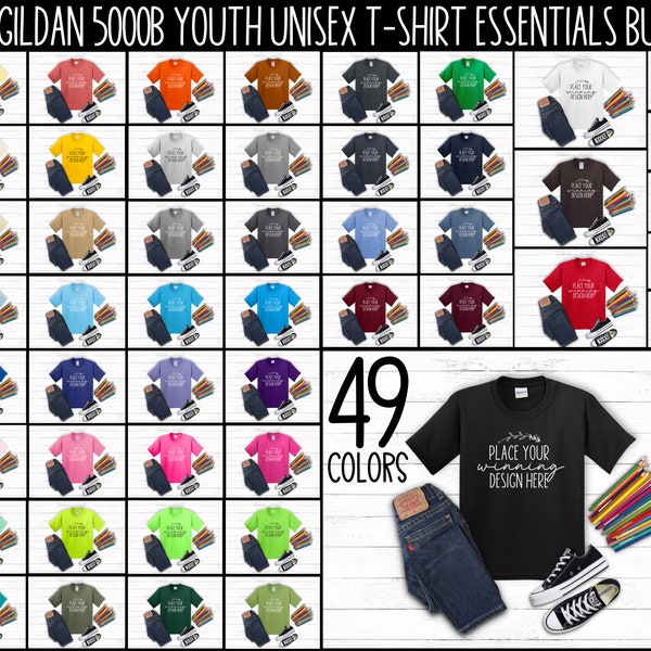 kids shirt mockup bundle Gildan 5000b youth shirt bundle mock up 49 colors unisex tshirt mock ups kids blank flat lay mockups jpg download