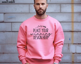 Safety Pink Gildan 18000 Sweatshirt Mockup: Male Model (AI JPG Download)