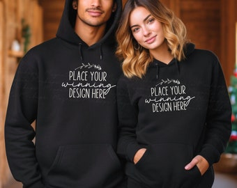 man woman black hoodie Christmas mockup Gildan 18500 couple blank 18500 mock up hoodies mockup hoodie model mockup xmas mock-up jpg download