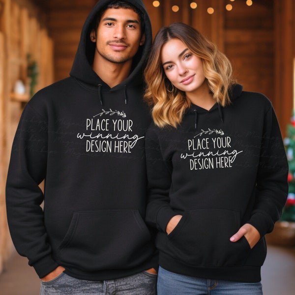 man woman black hoodie Christmas mockup Gildan 18500 couple blank 18500 mock up hoodies mockup hoodie model mockup xmas mock-up jpg download