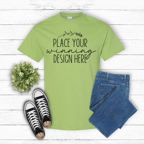 kiwi shirt mockup Gildan 5000 unisex t-shirt Gildan heavy cotton shirt mock up Flat Lay green Gildan Mockups men's women's tee jpg download