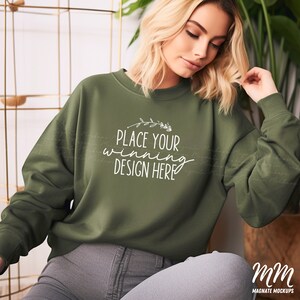 military green Gildan 18000 sweatshirt mockup model female trendy mock up sweater mock Gildan G180 women&#39;s lady mockup 18000 AI jpg download