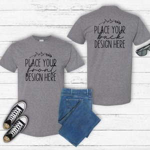 graphite heather Gildan 5000 front & back shirt mockup unisex t-shirt grey graphite mockups Flat Lay blank tee Gildan Mock ups AI download