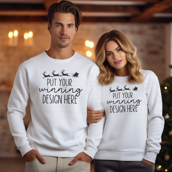 Gildan 18000 couples white sweatshirt Christmas mockup two Sweater mock up couple 2 G180 model mock ups blank sweatshirt jumper JPG Download