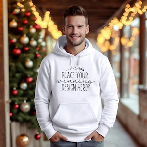 white Gildan 18500 hoodie mockup Christmas Mens mock up for hoodies mockup white hoodie model mockups, men xmas male mock-up AI download