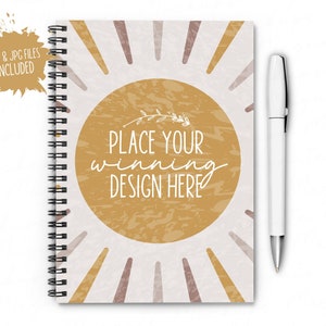 A5 minimalist notebook mockup pen spiral bound lined journal mock up planner note pad book mockup wired blank smart object PSD JPG download