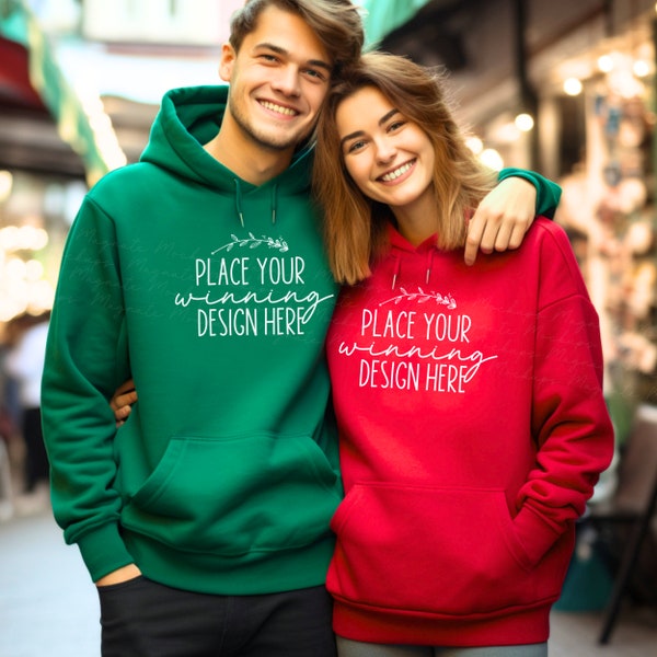 couple red irish green hoodie Christmas mockup Gildan 18500 man woman blank 18500 mock hoodies mockup model mockup xmas mock-up jpg download