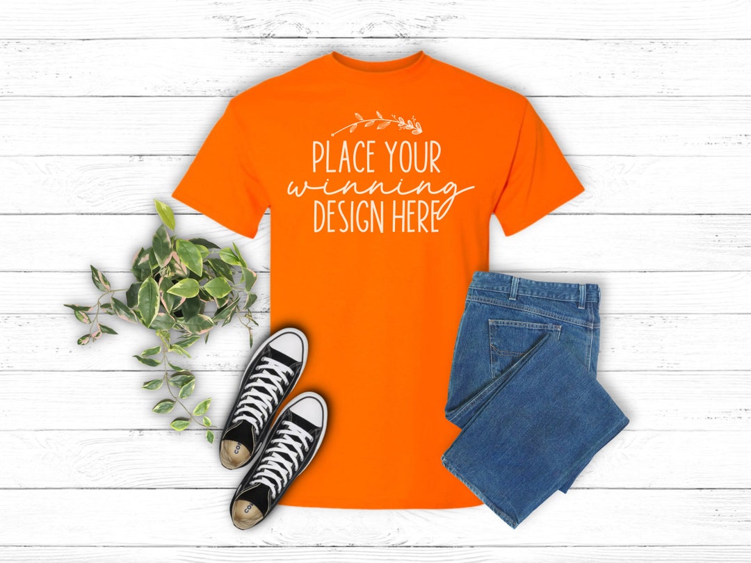 Safety Orange Shirt Mockup Gildan 8000 Unisex Tshirt Gildan 800