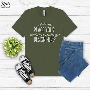 Military Green bella canvas 3001 t-shirt mockup flat lay mock up Military green blank tee 3001 shirt unisex 3001 tshirt mock-up AI download