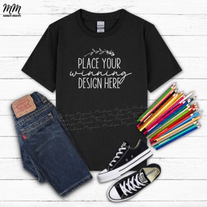 Gildan 5000b black shirt mockup flat lay gildan kids t-shirt mockups G500B black youth tshirt mock up childrens flatlay mock-up AI download