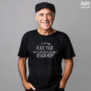 black Bella Canvas 3001 shirt Grandpa mock-up senior male tshirt mockup older men&#39;s 3001 black blank t-shirt men mock up mens AI download