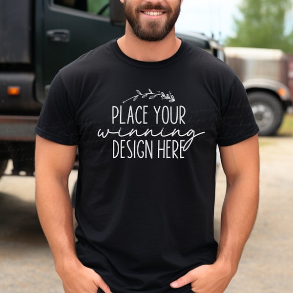 mens Gildan 64000 black shirt mock-up male model tshirt mockup blank black t-shirt truck driver men trucker tee mock up male jpg download