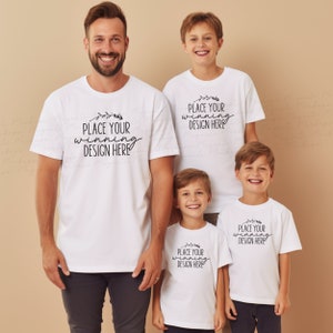 white Gildan 5000 5000b shirt mockup fathers day dad & 3 sons boy dad father of three boys white t-shirt mockups nephews blank AI download